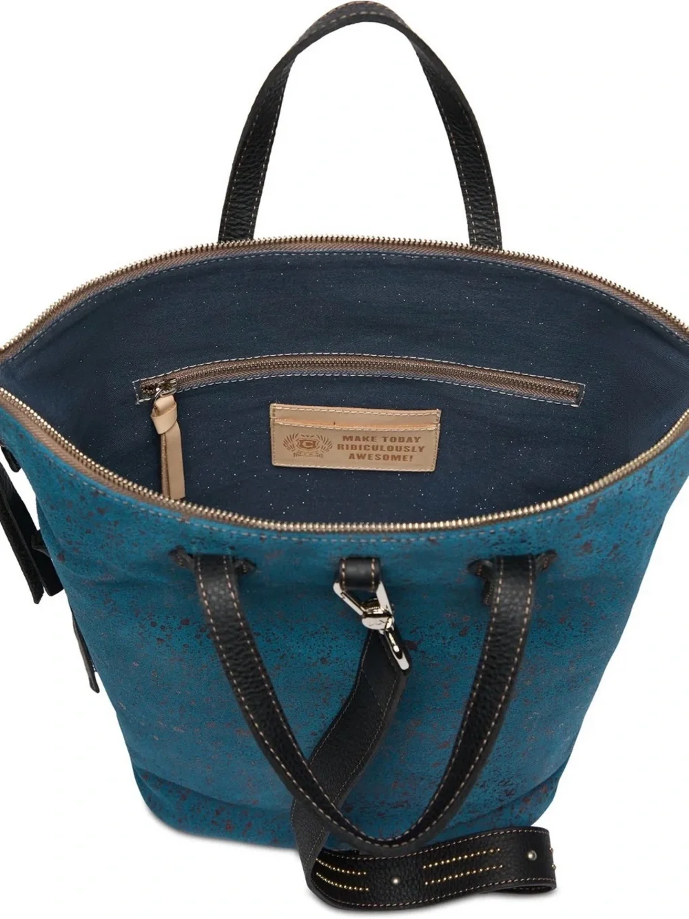 Consuela Teal Suede Tote with Black Trim and Striped Strap
